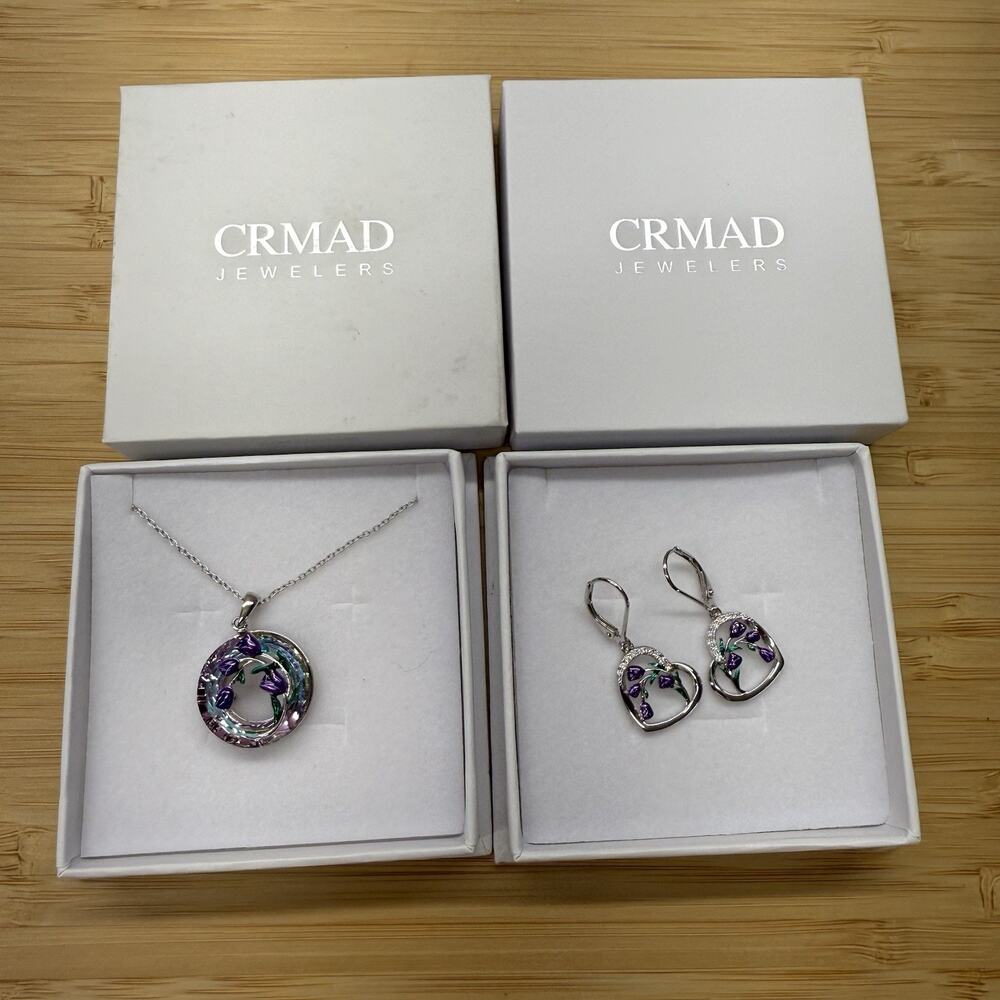CRMAD Jewelers Purple Tulip Necklace W/ earrings Sterling Silver New In Box